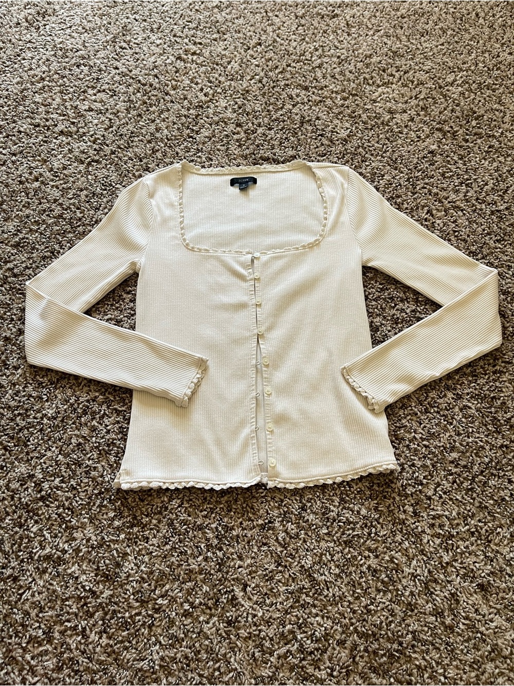 J.Crew Women Small Scalloped Square Neck Ribbed Knit Henley Ivory Beige Top